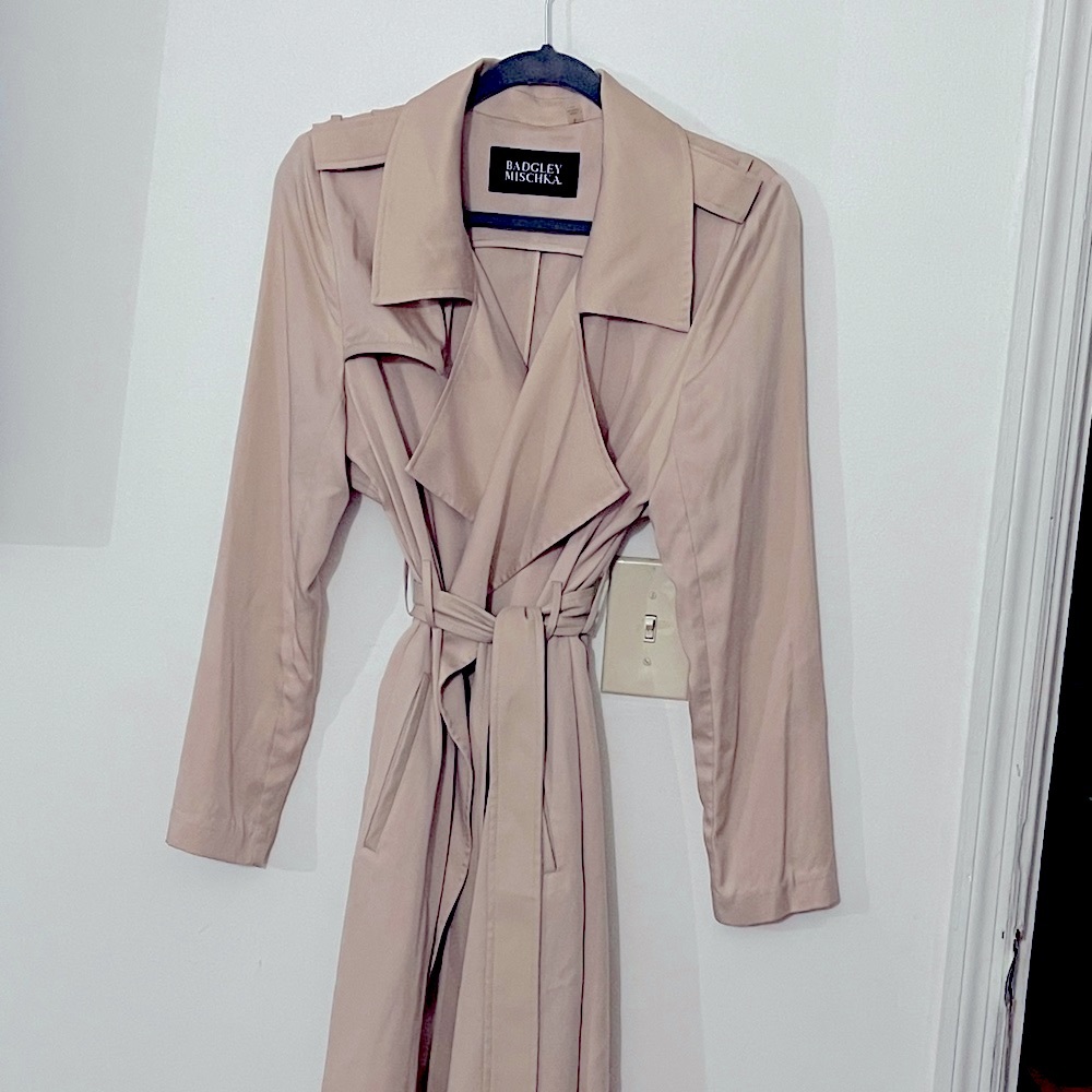 BADGLEY MISCHKA Faux Leather Trim Long Trench Coat, Main, col